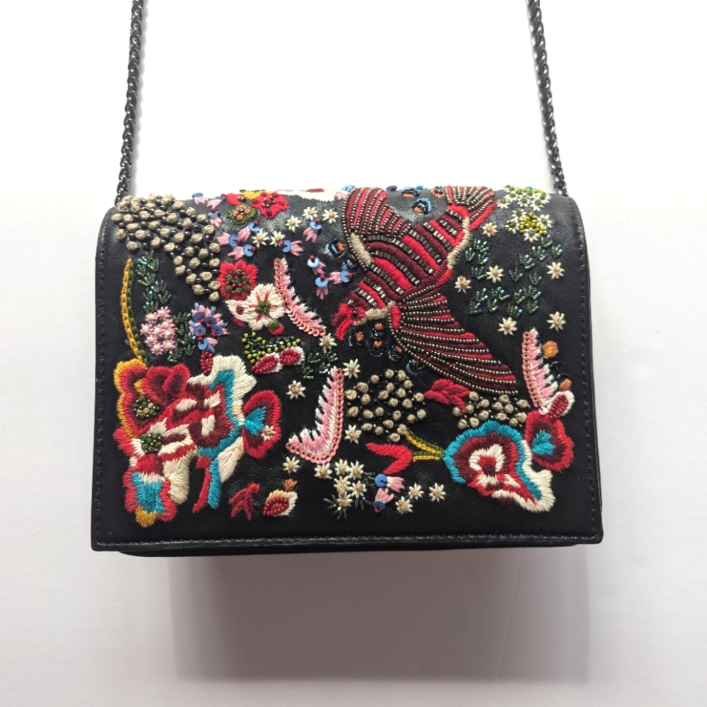 Alice + Olivia Bird Party Embroidered Cross Body Leather Purse